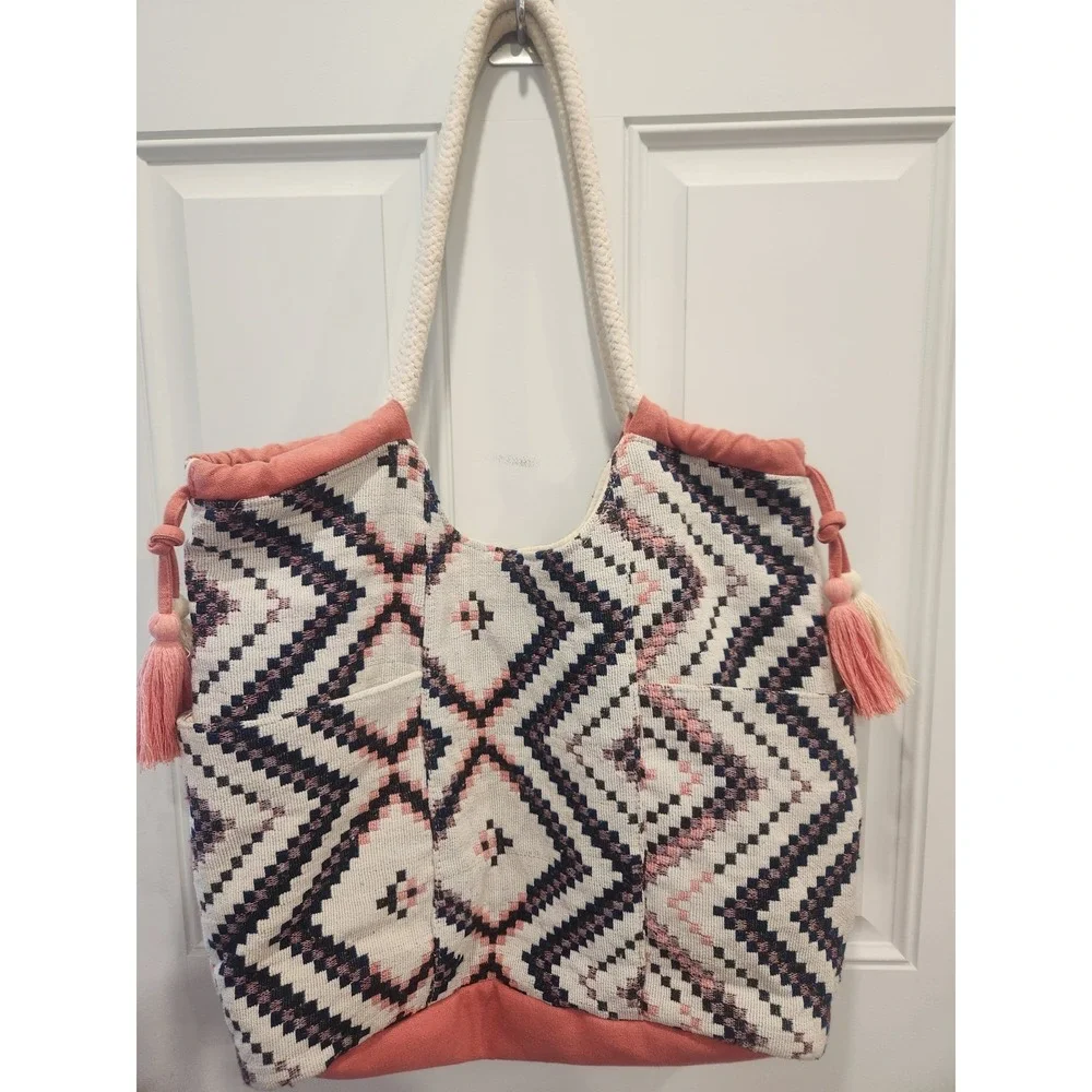 Boho Cotton Tote Or Beach Bag‎ Made in India Geometric Ikat Rope Handles Tassels